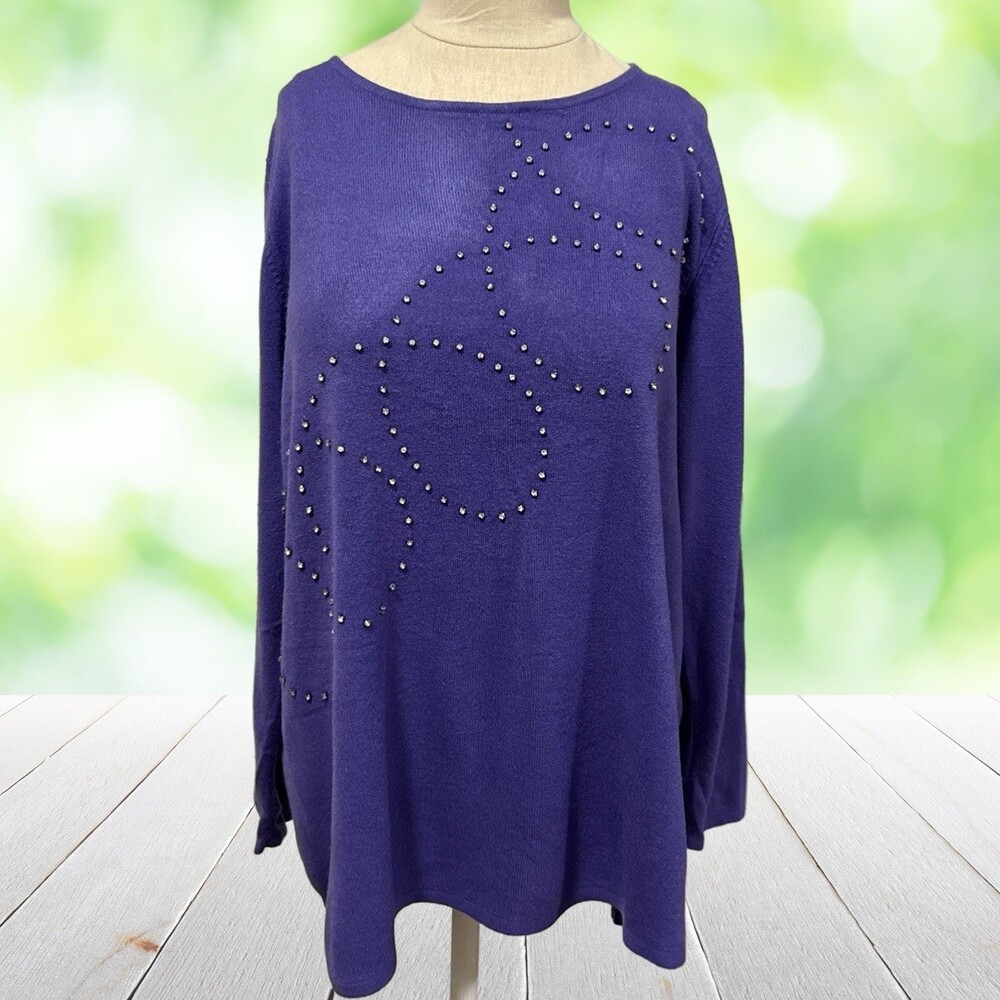 Vintage QUACKER FACTORY Rhinestone Sweater Swirl Sparkle Bling Purple Plus 1X